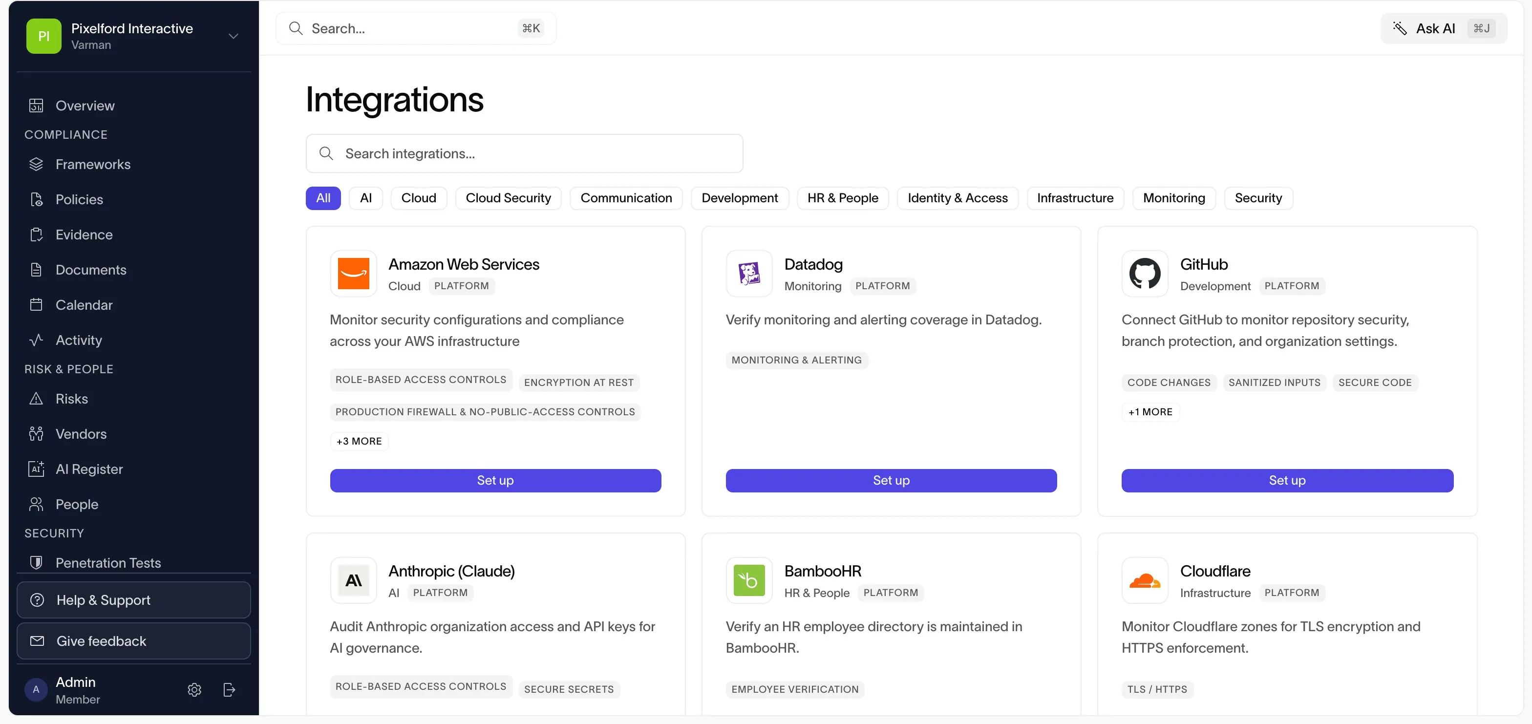 Varman integrations catalog with cloud, AI, and HR connectors